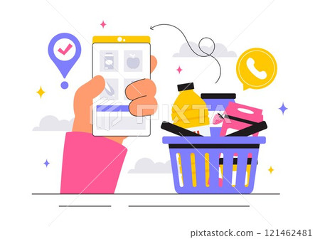 Online Grocery Store Vector Illustration Featuring Food Product Shelves, Racks with Dairy, Fruits, and Drinks for Shopping Orders via Telephone Online Grocery Store Vector Illustration Featuring Food Product Shelves, Racks with Dairy, Fruits, and Drinks for Shopping Orders via Telephone 121462481