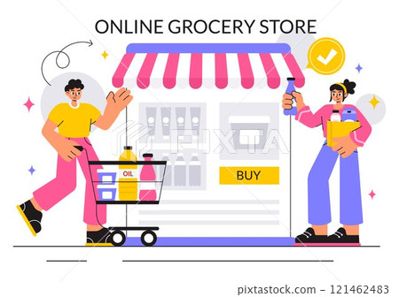Online Grocery Store Vector Illustration Featuring Food Product Shelves, Racks with Dairy, Fruits, and Drinks for Shopping Orders via Telephone 121462483