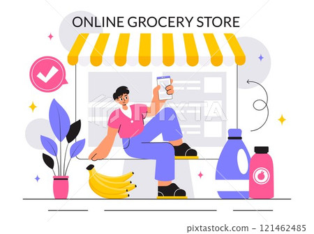 Online Grocery Store Vector Illustration Featuring Food Product Shelves, Racks with Dairy, Fruits, and Drinks for Shopping Orders via Telephone Online Grocery Store Vector Illustration Featuring Food Product Shelves, Racks with Dairy, Fruits, and Drinks for Shopping Orders via Telephone 121462485