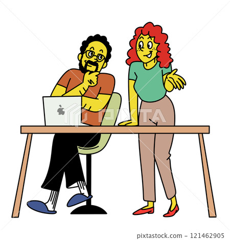 一位白人女性在桌邊用電腦工作，另一位白人女性在聽她的工作 121462905