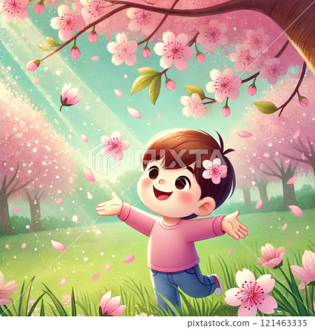 櫻花樹下嬉戲的孩子們 121463335