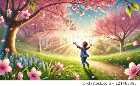 一個孩子在櫻花下張開雙臂嬉戲 一個孩子在櫻花下張開雙臂嬉戲 121463485