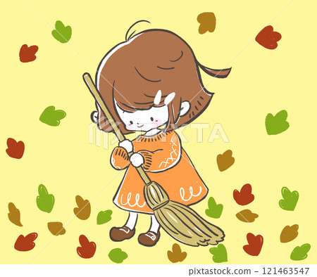 A smiling girl in an orange dress sweeping up fallen leaves with a broom 121463547