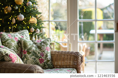 Colorful pillows on sofa against glass wall of window in a winter garden or conservatory. Interior textile concept. High quality photo 121463556