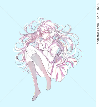 戴著耳機躺著的女學生的線條畫 戴著耳機躺著的女學生的線條畫 121463648