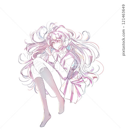 Female student lying down with headphones on - Line drawing Female student lying down with headphones on - Line drawing 121463649