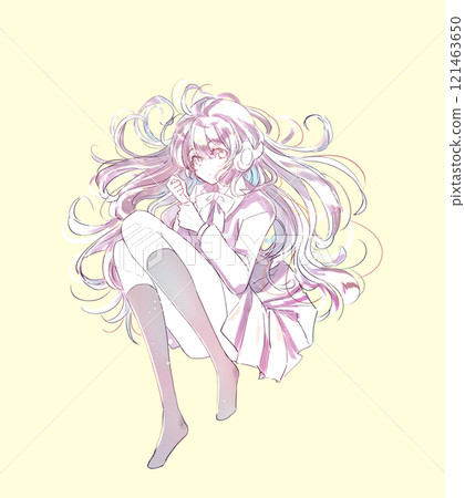 戴著耳機躺著的女學生的線條畫 戴著耳機躺著的女學生的線條畫 121463650