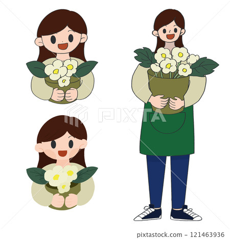 簡單的彩色插圖集，展示了一位在花店工作的女士微笑著拿著鮮花 121463936