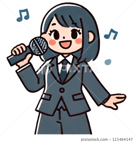 一個女孩拿著麥克風在卡拉 OK 唱歌的插圖 121464147
