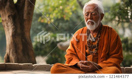 Wise Elder Meditating Outdoors Under a Tree in Tranquility Wise Elder Meditating Outdoors Under a Tree in Tranquility 121464377