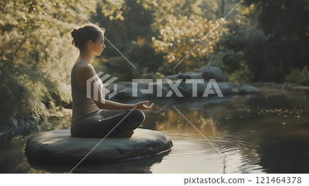 Young Woman Meditating on a Rock by a Tranquil Forest Pond 121464378