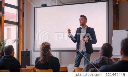Business Speaker Engaging a Small Group with a Presentation in a Bright Modern Room 121464449