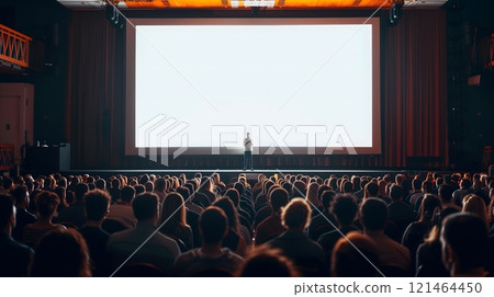 Speaker Addressing Full House Audience in a Large Theater Auditorium 121464450