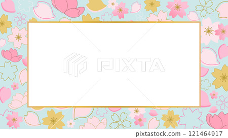 Japanese-style cherry blossom vector frame background illustration material on a light blue background [without text] [horizontal] 121464917