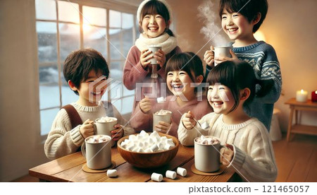 Child putting marshmallows into hot cocoa 121465057