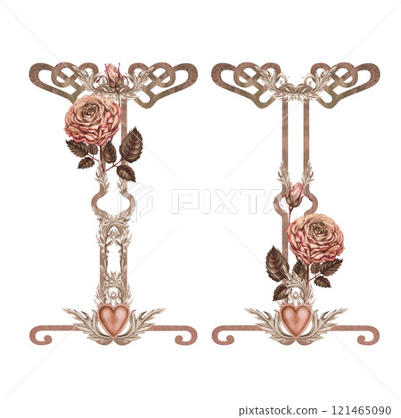 Elements for a frame, border with botanical roses, a heart, in a pink-brown mocha-mousse palette. Botanical watercolor clipart for wedding, valentine's day, women's card, poster, scrapbook, web design 121465090