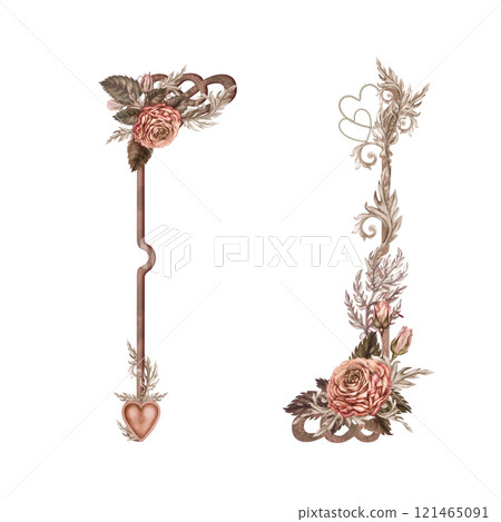Elements for a frame, border with botanical roses, a heart, in a pink-brown mocha-mousse palette. Botanical watercolor clipart for wedding, valentine's day, women's card, poster, scrapbook, web design 121465091
