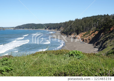 Scenic Coastal Beach with Lush Green Hills at Crescent city, California Scenic Coastal Beach with Lush Green Hills at Crescent city, California 121465159