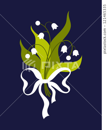 Illustration of a spring bouquet of lilies of the valley tied with a white bow on a dark blue background. Beautiful, delicate modern print. 121465335