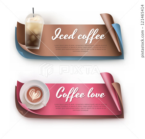 Coffee love label template 3d vector realistic set. Coffee house, cafe branding, menu, invitation, business card, banner, flyer, packaging design illustration isolated on white background. 121465414