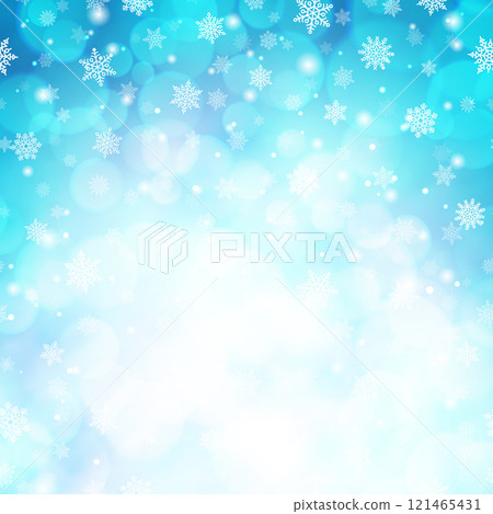 Magic winter glitter background with snowflakes. White snowflakes on light blue blurred backdrop. Template for Happy New Year and Merry Xmas holiday banners decoration vector illustration. Magic winter glitter background with snowflakes. White snowflakes on light blue blurred backdrop. Template for Happy New Year and Merry Xmas holiday banners decoration vector illustration. 121465431
