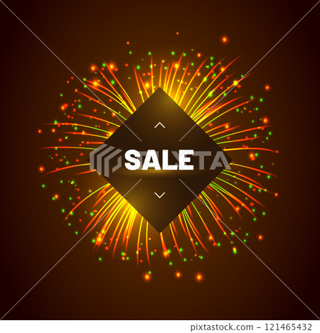 Retail sale banner with bursting fireworks. Seasonal or holiday shopping promotion. Realistic fireworks explosion and shining sparks. Advertising campaign of special offer vector illustration. Retail sale banner with bursting fireworks. Seasonal or holiday shopping promotion. Realistic fireworks explosion and shining sparks. Advertising campaign of special offer vector illustration. 121465432