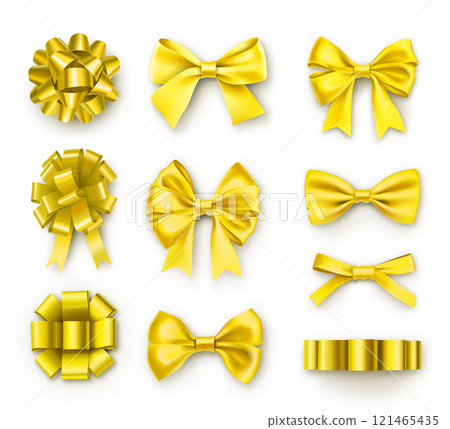 Yellow gift bows with ribbons. Holyday decor isolated on white background. Realistic decoration for holidays presents, cards, invitations. Different elegant objects from silk vector illustration. 121465435