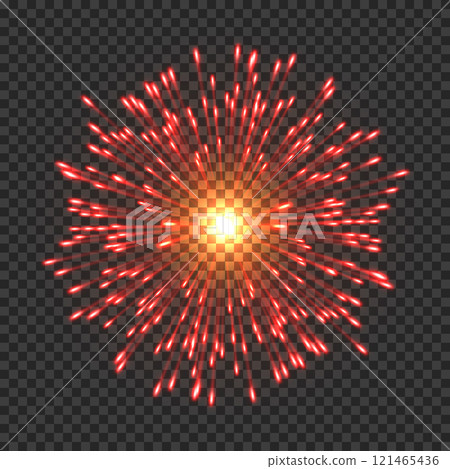 Festive fireworks with bright red sparks. Realistic single firework flash isolated on transparent background. Colorful vector element for posters decoration. Fantastic light performance in sky. Festive fireworks with bright red sparks. Realistic single firework flash isolated on transparent background. Colorful vector element for posters decoration. Fantastic light performance in sky. 121465436