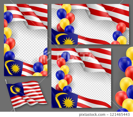 Malaysian patriotic festive banners with transparent copy space. Realistic waving malaysian flag and colorful helium balloons. Independence and freedom vector layout. Malaysia country national Malaysian patriotic festive banners with transparent copy space. Realistic waving malaysian flag and colorful helium balloons. Independence and freedom vector layout. Malaysia country national 121465443