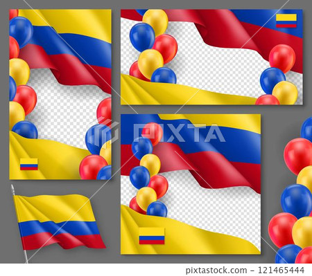 Colombian patriotic festive posters set. Vector template with transparent space for background or text. Realistic waving colombian flag and colorful air balloons. Colombia independence and freedom. 121465444