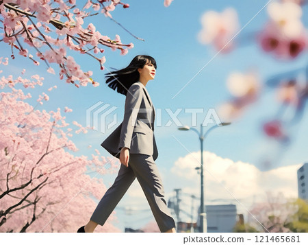 一個穿著褲裝的女人沿著一排櫻花樹行走 121465681