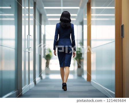 一個穿著西裝的女人在辦公室裡行走的後視圖 121465684