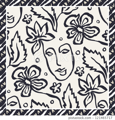 Monochrome black and white brush strokes inky flowers and female faces scarf or bandana design Monochrome black and white brush strokes inky flowers and female faces scarf or bandana design 121465717