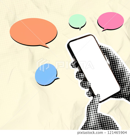 Colorful collage of communication featuring smartphone and conversation bubbles 121465904