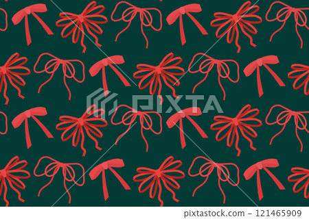 Seamless vector pattern with red ribbons in flat style on green background. Surface design with bows. Festive texture with barrette 121465909