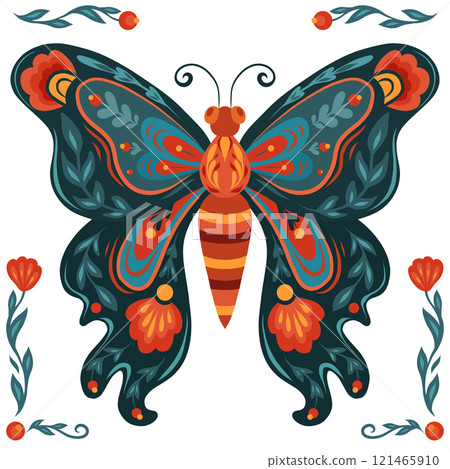 Vector square card with tracery butterfly in folk art style. Decorative illustration of a flying insect with a floral ornament 121465910