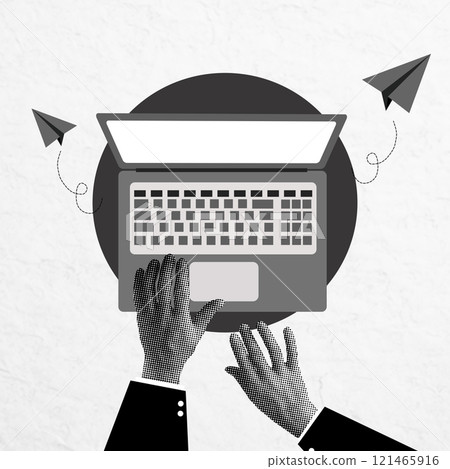 Creative collage of halftone design elements featuring a laptop and paper airplanes in a minimalist workspace 121465916
