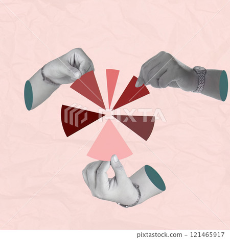 Collaborative collage of hands crafting color segments, symbolizing teamwork 121465917