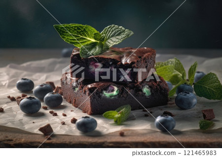 homemade chocolate brownies with dark background. Generative AI 121465983
