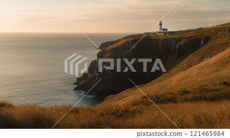 Image of light house on the hill by the beautiful sea. Generative AI 121465984