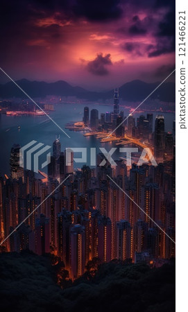Beautiful pink sky sunlight above the city. Generative AI 121466221