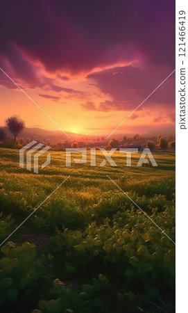 Beautiful local farm with sunset in the countryside field. Generative AI Beautiful local farm with sunset in the countryside field. Generative AI 121466419