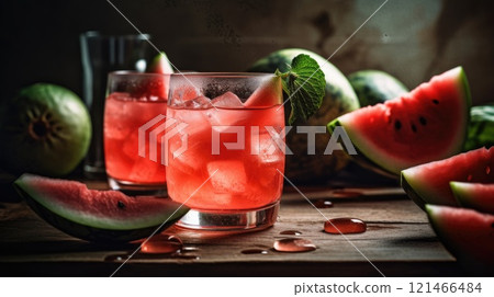 Fresh watermelon cocktails with slices of watermelon. Generative AI 121466484