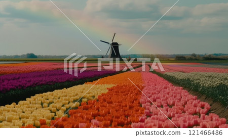 Colorful open field with beautiful tulips. Generative AI 121466486
