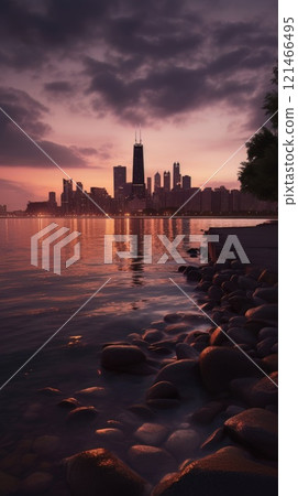 Cityscape of chicago at dusk with lights from the skyline. Generative AI 121466495