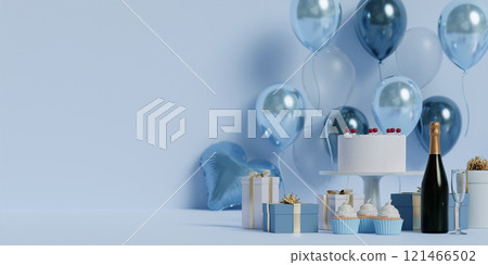 Blue Celebration with Cake and Balloons, Festive 3D Render 121466502