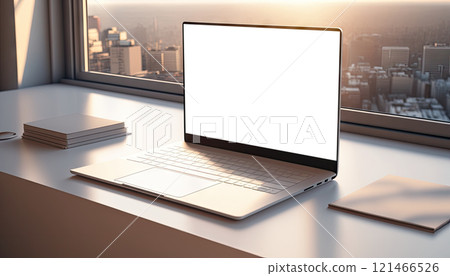 Mock up laptop computer in modern apartment room with city view in the background. Generative AI 121466526