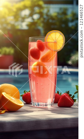 Summer iced cold drink with strawberry and lemon. Generative AI Summer iced cold drink with strawberry and lemon. Generative AI 121466527