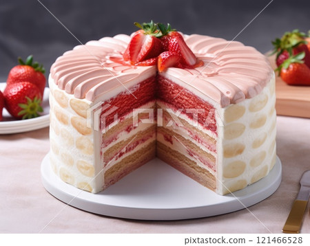 Strawberry sponge cake with fresh strawberries. Generative AI 121466528