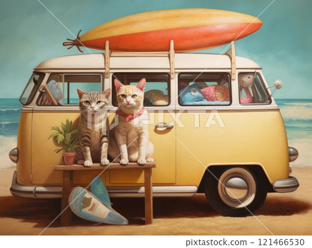 Adorable cat sittign on the car, ready for travel, summer concept. Generative AI 121466530